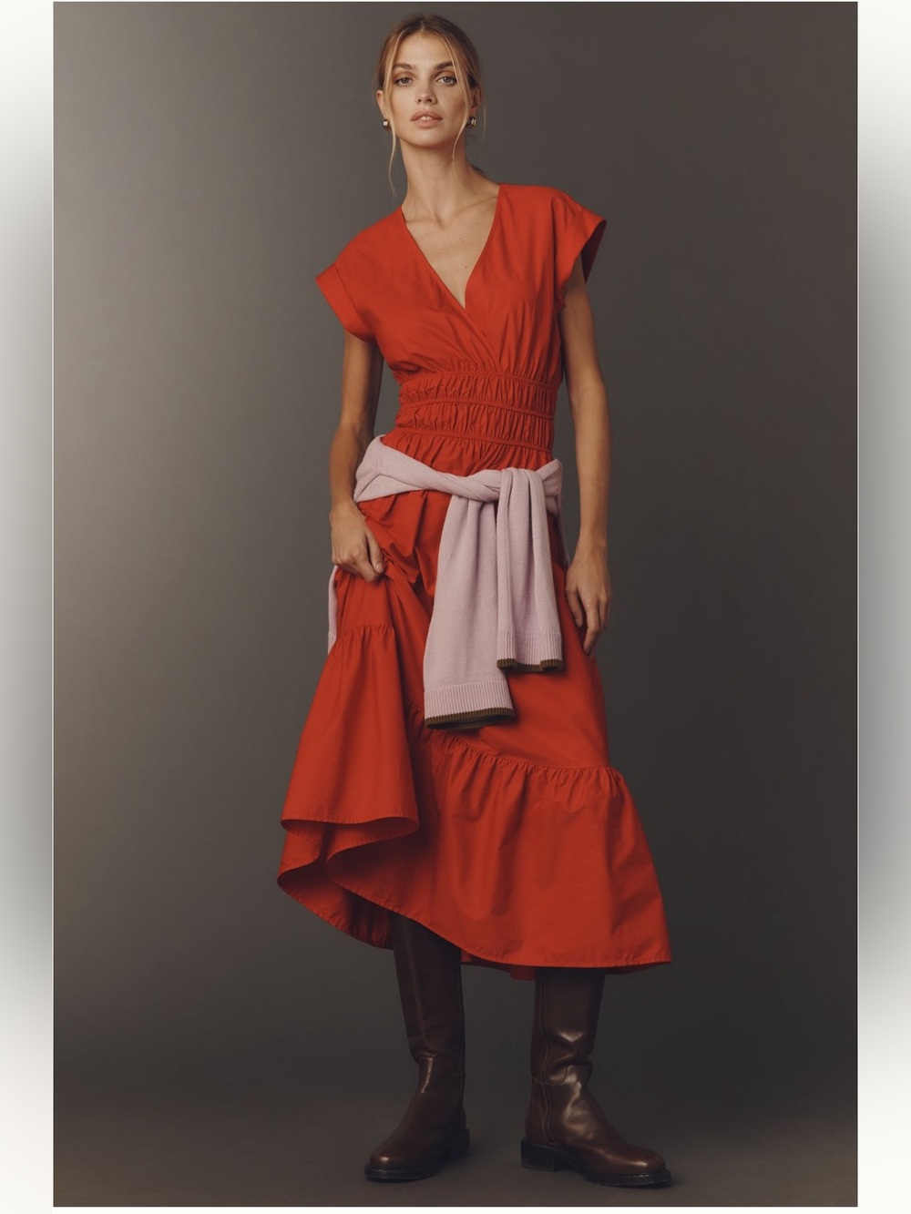 Maeve Cap-Sleeve V-Neck Smocked Midi Dress